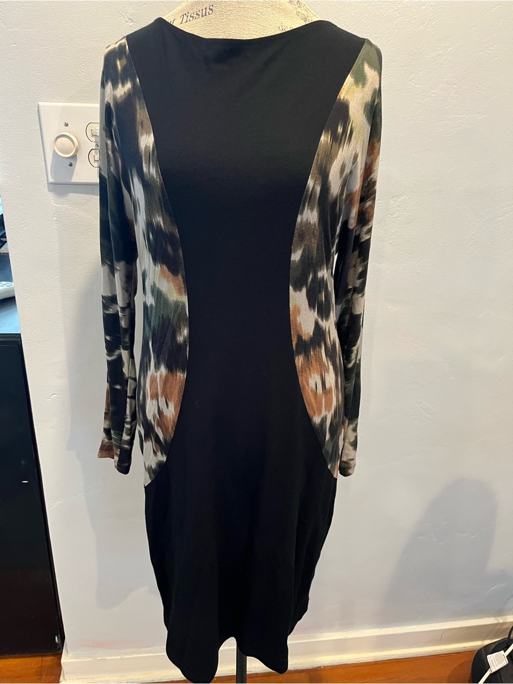 Ronen Chen Black Long-Sleeve Dress with Olive, Brown & Cream Panels